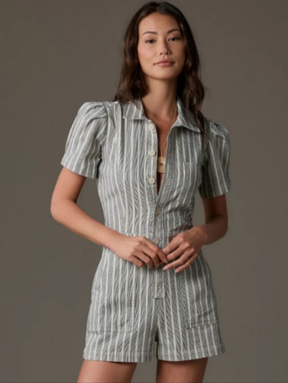 Anthropologie Pilcro The Kit Utility Romper in Blue Stripes Motif